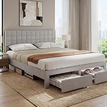 DUMOS Upholstered Platform Bed Frame with Storage, Queen Size Bed Frame with 2 Metal Baskets & Fabric Headboard, Wooden Slats Support, No Box Spring Needed, Easy Assembly, Bedroom Furniture, Beige