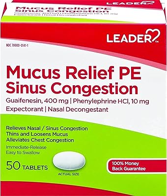 زعيم Mucus Relief PE Sinus Congestion، Expectorant؛ مزيل احتقان الأنف ، الخيوط والمخفف المخاط ، الإفراج الفوري ، حلوى الصدر ، 50 قرص عبوة من 4